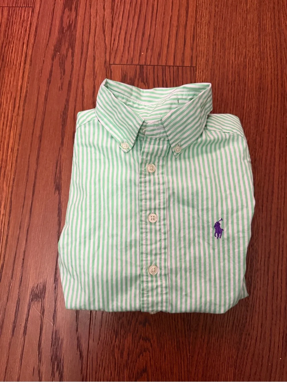 Ralph Lauren Boys Green White Striped Button-Down Shirt